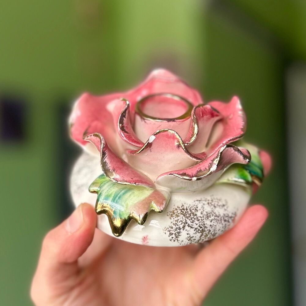 ❌SOLD 3D Pink Floral Rose Dainty Candlestick Holder Art Accent - Picture 2 of 12